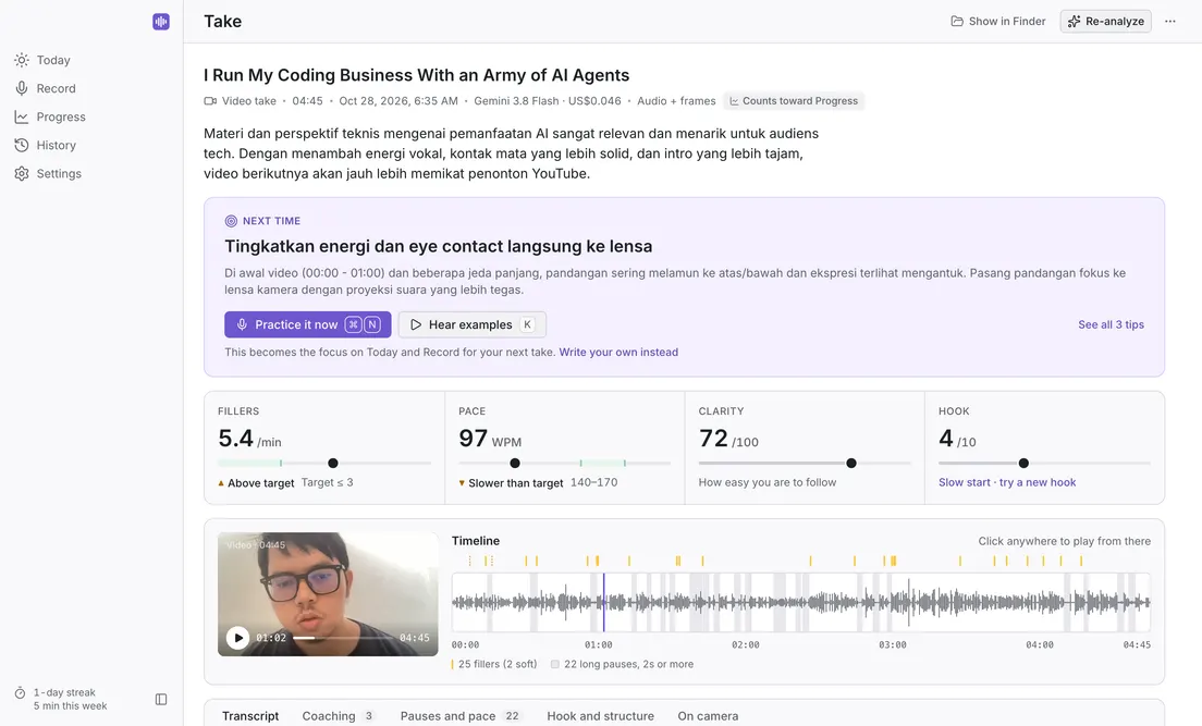 The report for a 4:45 take: a summary, the Next time card, four scores against targets, and the video player beside the timeline of fillers and pauses.
