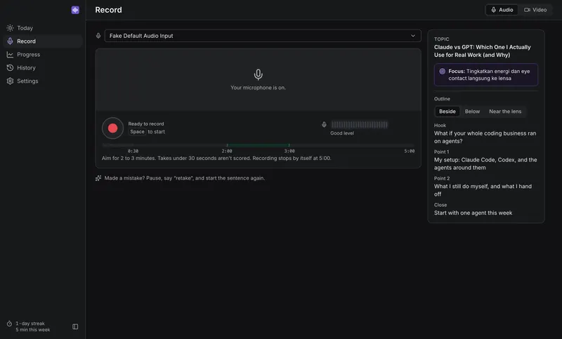 Record, past the 30-second mark: the time bar shows when a take starts to count and the suggested length.